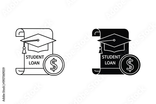 Student Loan Icons with Graduation Cap and Dollar Sign in Flat Design Vector Illustration