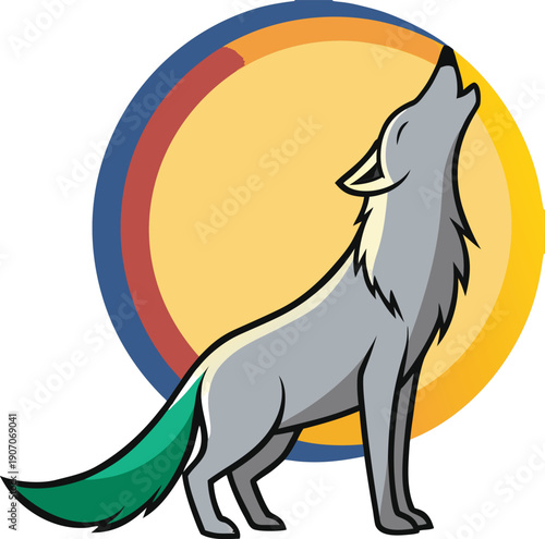 Howling Wolf Silhouette with Sun and Moon Hues Vector