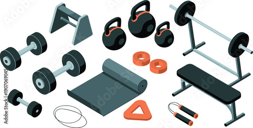 Isometric home gym fitness illustration, workout equipment set with weights bench kettlebells and exercise accessories vector collection