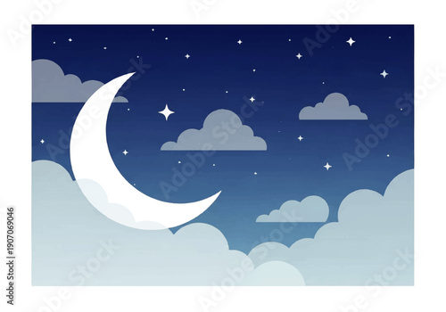 A serene nighttime scene featuring a crescent moon shining among stars and clouds in a dark blue sky with soft, light blue clouds at the bottom, created in a flat design illustration vector