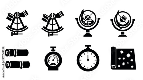 Silhouette telescope compass and nautical icons set for education and exploration designs