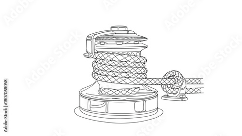 Detailed nautical winch drawing with rope in black and white line art style