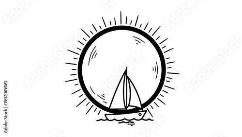Nautical icon: sailboat and sunburst in minimalist line art