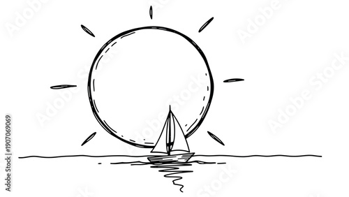 Sailing boat under a sketched sun on calm waters