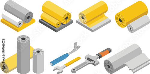 Isometric insulation material rolls and installation tools illustration, thermal protection construction equipment industrial vector building maintenance concept