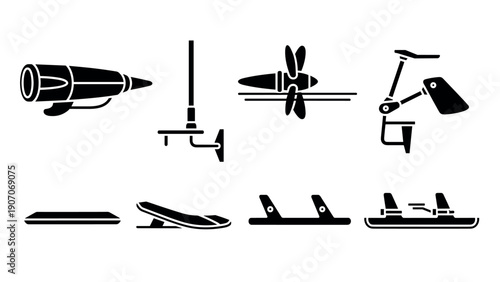 Black and white silhouette icons of hydrofoil, surfboard, and aerodynamic equipment