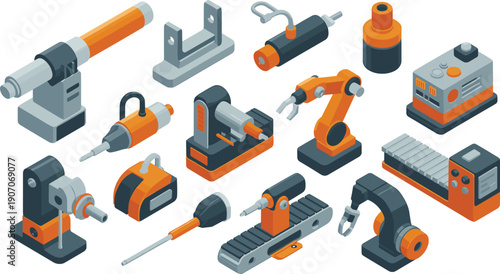 Isometric industrial machinery and automation tools illustration, factory equipment robotic devices engineering vector production workshop set design
