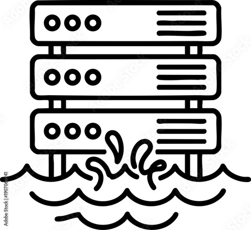 Server Flood Line Icon – Data Center Water Damage, Technology Risk and Disaster Symbol