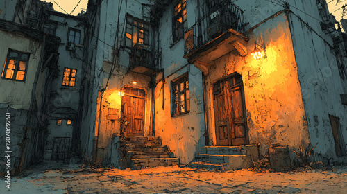 Warm light spills from rustic doorways on an old cobblestone street at dusk.