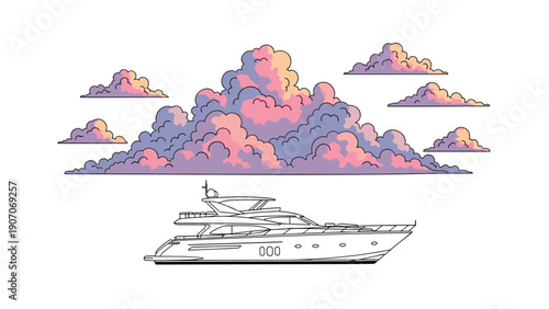 Luxury yacht with vibrant sunset clouds in linear art