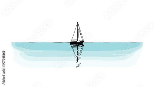 Minimalistic sailboat on calm sea with reflected silhouette and blue horizon