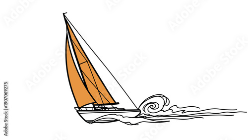 Sailing adventure: hand drawn sailboat with orange sails navigating waves
