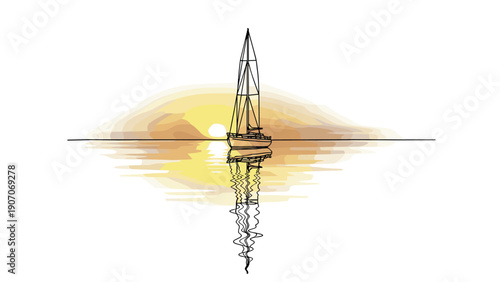 Sailboat at sunset: minimalist line art depicting serene ocean silhouette