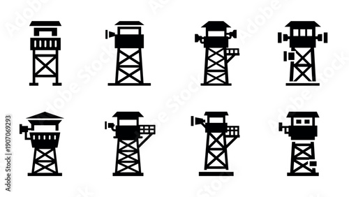 Collection of silhouette watchtowers in various designs and structures