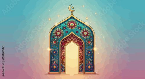 A beautifully intricate digital illustration of a stylized Islamic arch adorned with geometric star patterns, presented in a cheerful cartoon style for Ramadhan. 