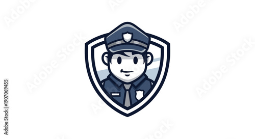 Friendly cartoon police officer mascot logo inside a shield shape emblem icon