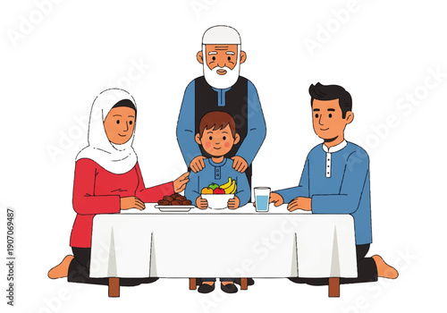Flat design illustration vector of a family having a meal together on a white tablecloth in a simple, colorful setting.