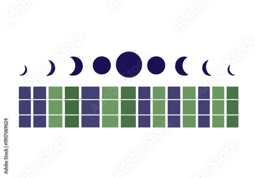Flat design illustration vector graphic depicting phases of the moon and a grid of colorful squares on a white background.
