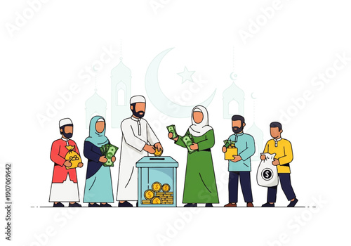 Flat design illustration of a diverse group of people donating money to a charity box with mosques in the background, conveying a sense of community and generosity in a vector style.