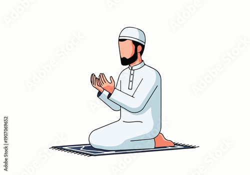A man in white Islamic attire kneeling on a prayer mat with hands clasped in prayer, depicted in a simple flat design illustration vector against a clean white background.