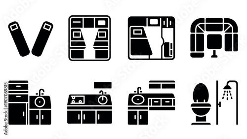 Modern bathroom and living room icon set in black silhouette style
