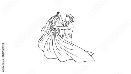 Sailor folding a sail line art: nautical theme minimalist design