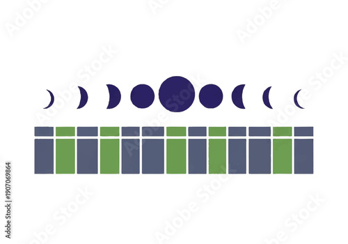 Flat design illustration vector of a lunar cycle phases chart with a grid pattern below on a white background.