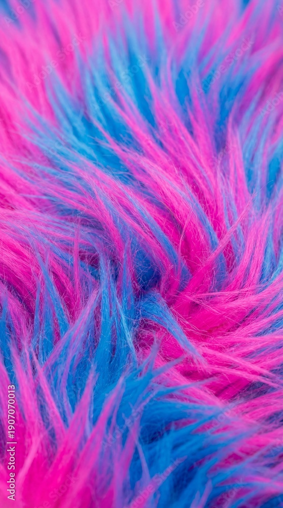 Fototapeta premium Close up vibrant pink and blue faux fur texture. Soft fluffy synthetic wool background with neon colors. Creative colorful hairy pattern for fashion design or abstract wallpaper.