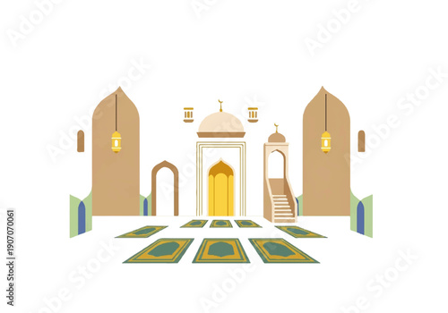 A serene Flat Design Ilustration Vector of a mosque with a minaret and prayer mats on a clean white background.