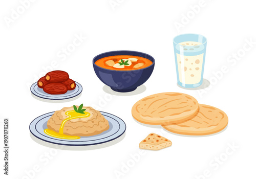 Flat design illustration vector of a variety of Indian food dishes including soup, naan bread, and yogurt drink on a plain white background.