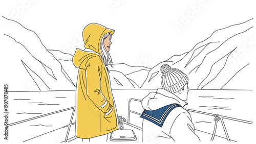 Minimalist line art of two people boating in fjord scenery with yellow raincoat