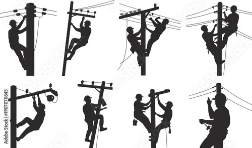 Silhouettes of linemen working on utility poles performing electrical maintenance tasks lineman electricity