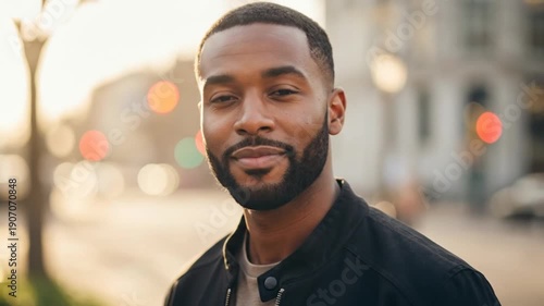 Stylish Young Man with a Well-Groomed Beard and Short Hair in Urban Outdoor Setting at Sunset