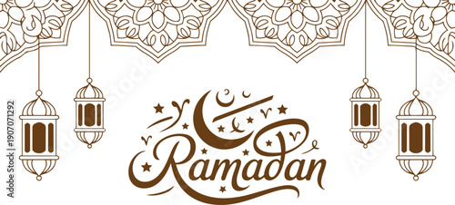 ramadan Kareem, Eid Mubarak Greeting Line icon minimal and simple vector design with beautiful Glowing Lantern and elegant crescent moon star for background and Banner