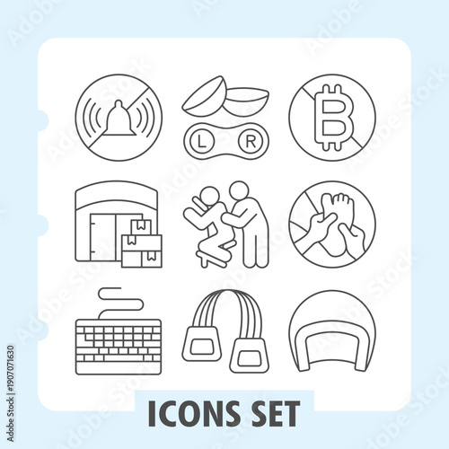 Set of nine thin line icons depicting communication, warehousing, vision, technology and daily life concepts. Ideal for web design, presentations and print on white background.