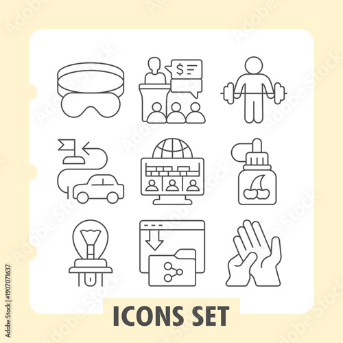 Set of nine thin line icons representing vision, transport, electricity, court, finance, technology and travel concepts. Ideal for web design, presentations and print on white background.