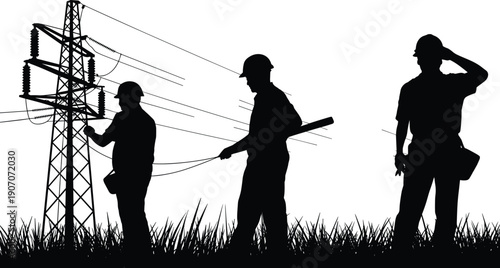Silhouettes of three electricians working near power lines and tower in grass worker