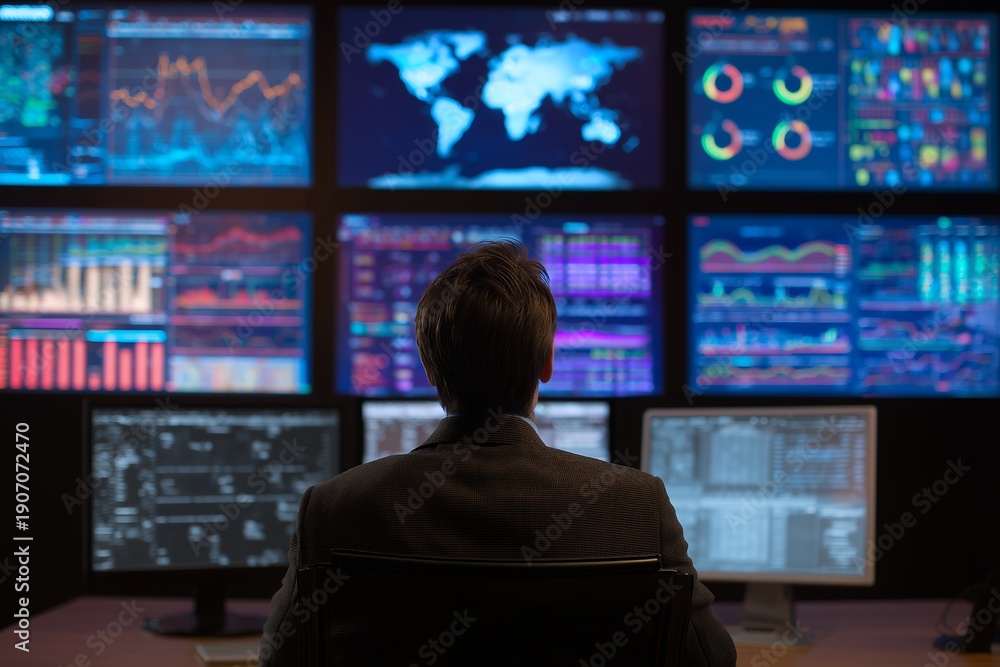 Naklejka premium Stock market analyst watching multiple digital screens displaying financial charts, maps and big data, concept for financial strategy, control center operations and global surveillance