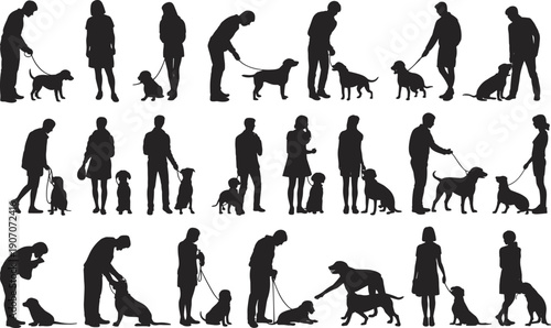 Silhouettes of people walking and interacting with dogs on a white background canine