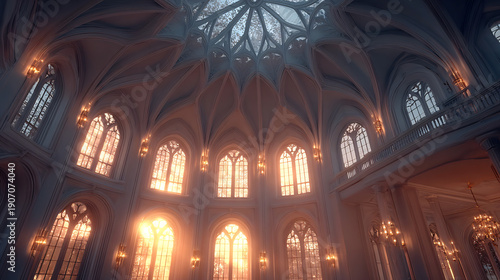 Grand, ornate cathedral interior with stunning arched windows illuminated by warm sunlight.