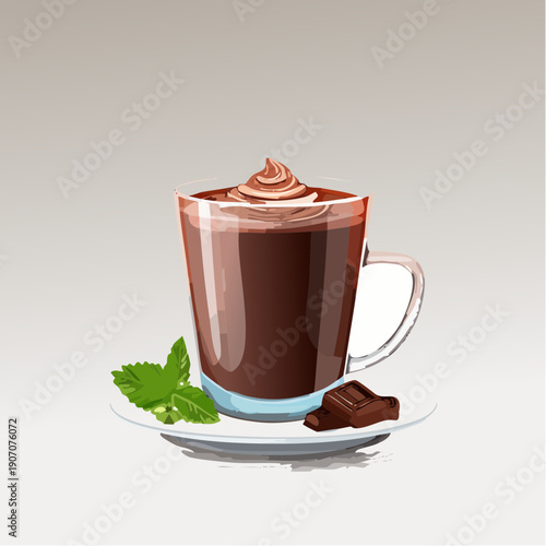 Warm Chocolate Drink Topped with Cream and Garnish of Mint Leaves and Chocolate Square on a White Saucer Isolated on a Gradient Background