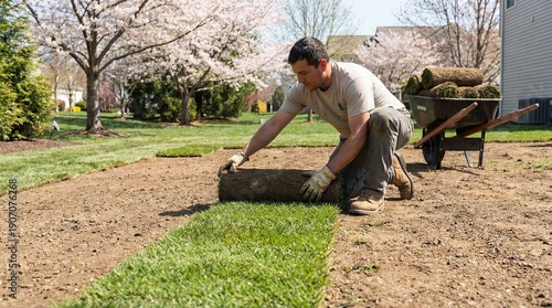 Gardener unrolling fresh grass sod onto bare earth during springtime landscape renovation near suburban homes.