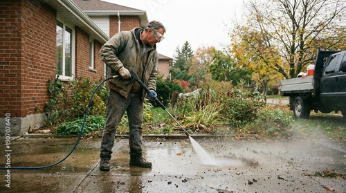 Man wearing protective eyewear operates a pressure washer apparatus cleaning concrete driveway near red brick dwelling exterior