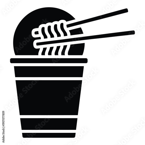 Black and white icon of noodles in a bowl with chopsticks on white background icon
