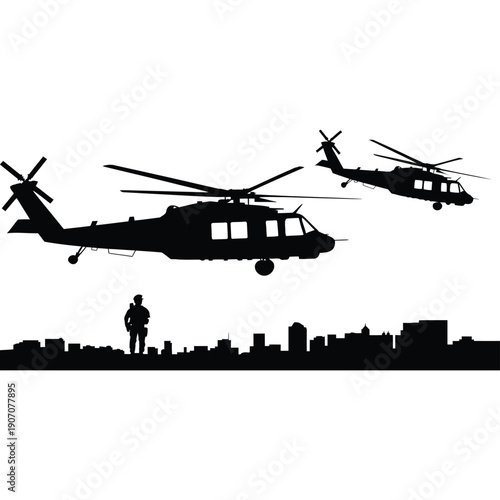 military helicopter silhouette, armed forces aircraft icon for defense concepts, air force operations, combat aviation themes, security illustrations and tactical graphic design projects.