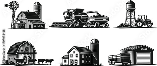Agriculture farm icons set featuring barn house silo windmill tractor combine harvester livestock and rural countryside machinery for organic farming industry design