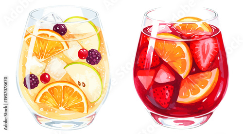 フルーツたっぷりの赤と白のサングリアの水彩タッチイラスト
