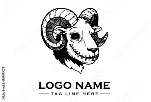 Black and white vector illustration of a ram's head with a stitched mouth, set against a clean white background with a placeholder text for logo name and tagline.