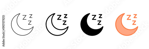 Set of minimalist sleep mode icons with transparent background, depicting moon and zzz symbols for user interface designs, night settings, and rest applications, vector illustration