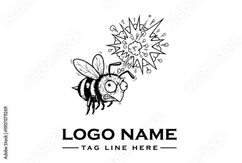 A black and white vector illustration of a bee with a surreal illness emanating from its body, set against a clean white background with a mix of bold lines and abstract shapes.